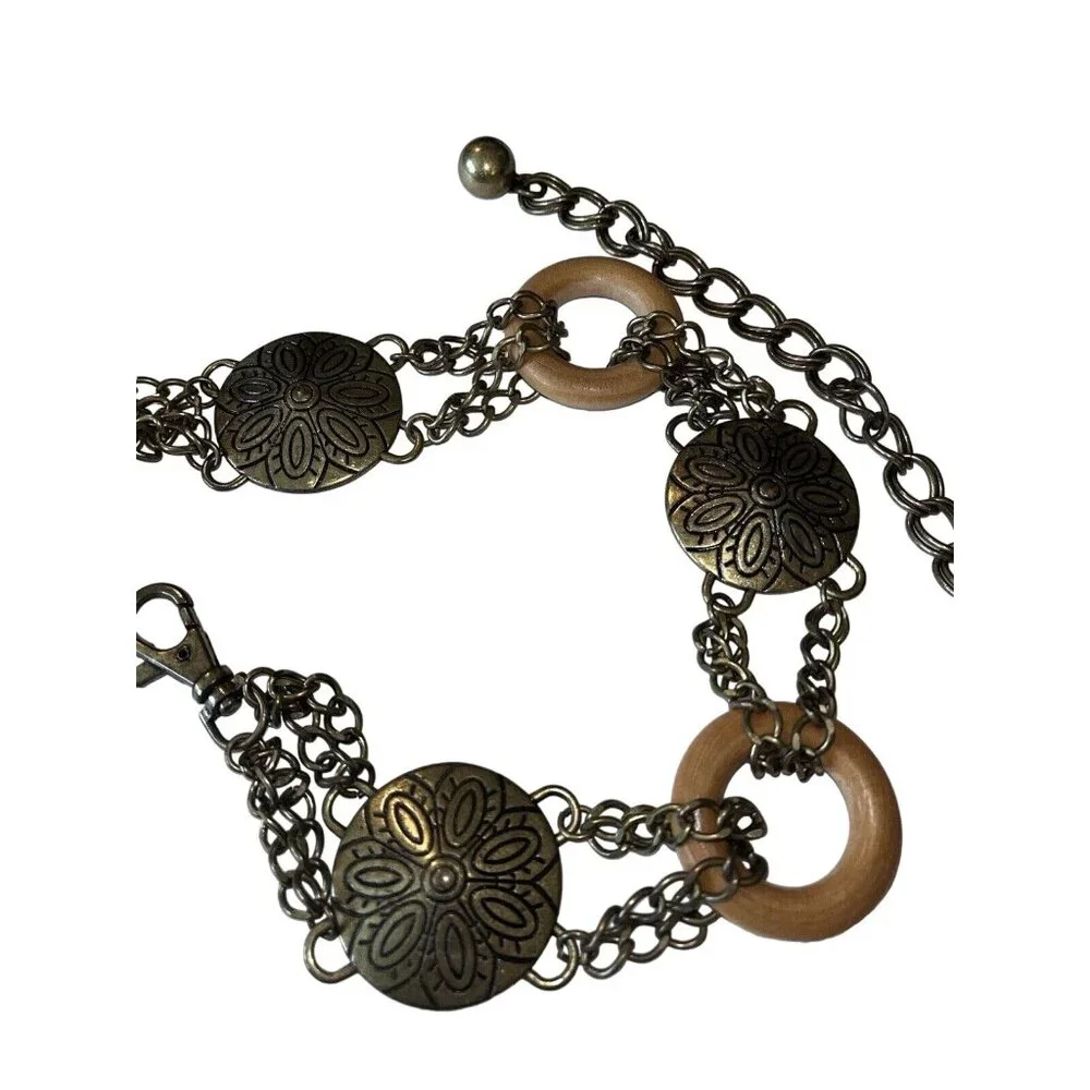 Engraved Gold Antique Brass Disc Wood Ring BOHO Hippie Festival Chain Belt 35